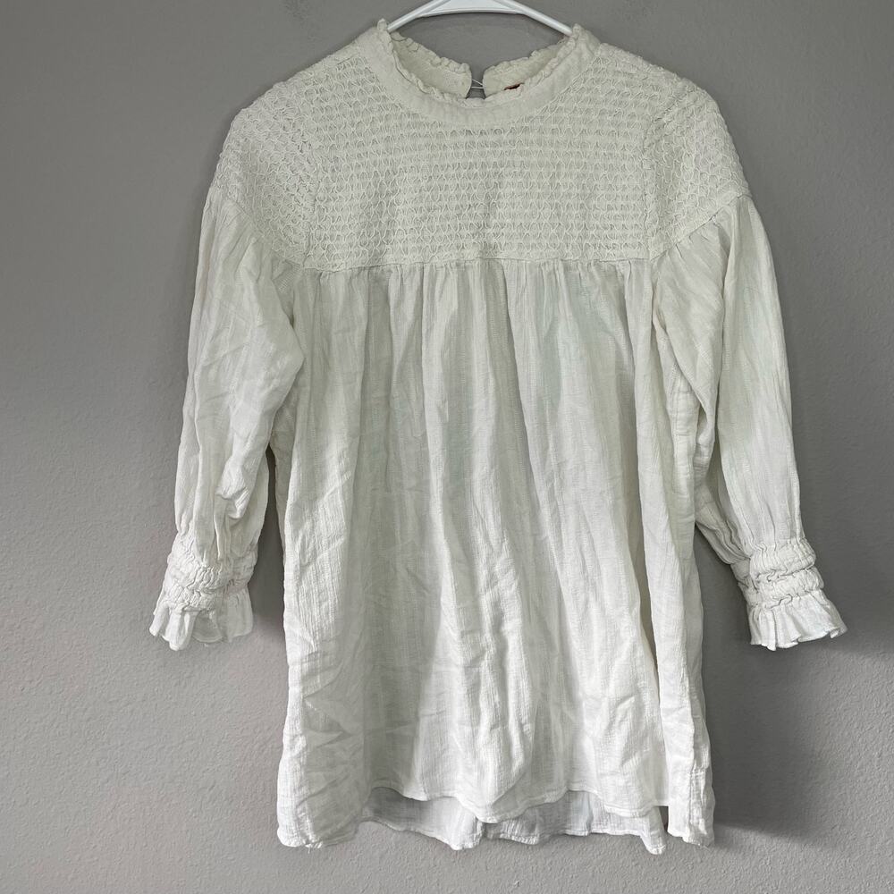 Free People White Tunic S Smocked Peasant Lagenlook Bohemian